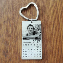 Load image into Gallery viewer, Personalized photo calendar keychain with black and white couple photo, September calendar and heart on the date, heart key ring