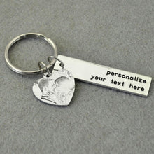 Load image into Gallery viewer, Personalized photo keychain with laser-engraved heart picture charm and custom text bar