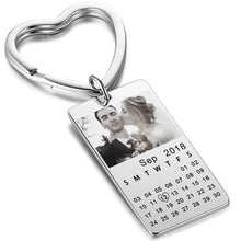 Load image into Gallery viewer, Photo calendar keychain front and back showing custom inscription on the back