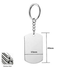 Load image into Gallery viewer, Photo keychain size guide showing tag and key ring dimensions