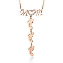 Load image into Gallery viewer, Rose gold baby feet necklace personalized with kids names