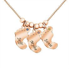 Load image into Gallery viewer, Rose gold baby feet necklace with birthstone charms on box chain