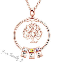 Load image into Gallery viewer, Rose gold family tree necklace with kids names and birthstone charms