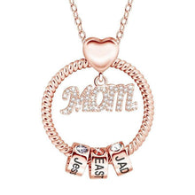 Load image into Gallery viewer, Rose gold mom necklace with engraved kids names close-up