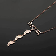 Load image into Gallery viewer, Rose gold tone baby feet necklace personalized with children's names