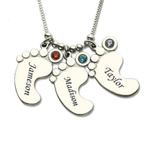 Load image into Gallery viewer, Silver baby feet necklace with children's names and birthstone accents