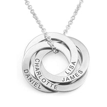 Load image into Gallery viewer, Silver color interlocking ring name necklace on white background