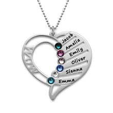 Load image into Gallery viewer, Silver color kids name necklace for mom with six engraved names and birthstones in an open heart pendant