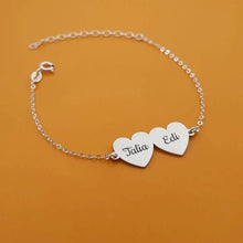Load image into Gallery viewer, Silver color stainless steel bracelet with engraved heart name charms