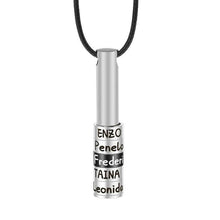 Load image into Gallery viewer, Silver engraved bead name necklace for men on black leather cord