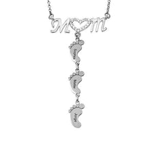 Load image into Gallery viewer, Silver tone MOM necklace with engraved baby feet charms for mothers