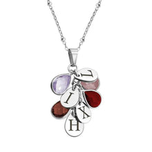 Load image into Gallery viewer, Silver tone birthstone initial necklace for mom with teardrop charms