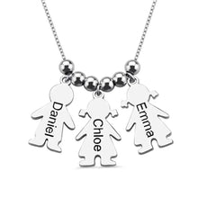 Load image into Gallery viewer, Silver tone kids charms name necklace with engraved children's names