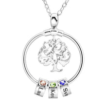 Load image into Gallery viewer, Silver tree of life necklace with children's names engraved on sliding beads