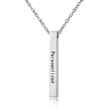 Load image into Gallery viewer, Silver vertical bar necklace with engraved name on white marble