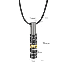 Load image into Gallery viewer, Size guide for men's name bead necklace showing 47 mm pendant length
and 9 mm diameter