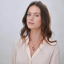 Load image into Gallery viewer, Woman wearing a personalized initial birthstone necklace for mom with a white dress