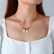 Load image into Gallery viewer, Woman wearing personalized kids names necklace in gold tone