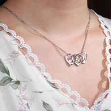 Load image into Gallery viewer, Woman wearing personalized multi-heart necklace with kids names and birthstones
