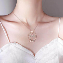 Load image into Gallery viewer, Woman wearing rose gold twisted hoop MOM necklace with custom kids name beads and birthstones