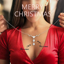 Load image into Gallery viewer, Woman wearing silver color mom necklace with three engraved kids names