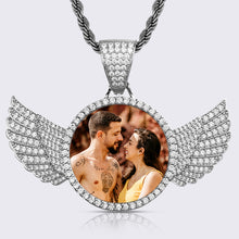 Load image into Gallery viewer, Silver rhodium plated angel wings necklace with photo on a rope chain
