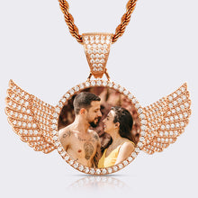 Load image into Gallery viewer, Rose gold angel wings picture pendant with a photo inside and CZ wings