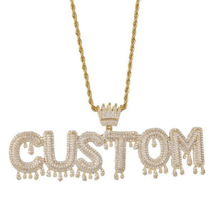 Dripping Letters Iced Out Name Pendant With Crown gold color