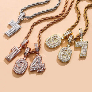Iced Out Micro Pave CZ Initial Number Pendant Necklace with rope chain
