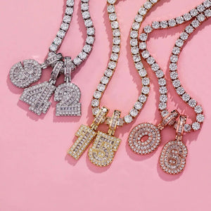 Iced Out Micro Pave CZ Initial Number Pendant Necklace with tennis chain