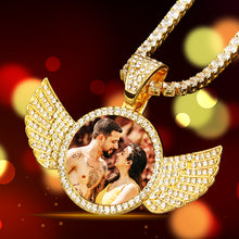 Load image into Gallery viewer, Iced-out gold photo pendant with wings and a couple's photo on a tennis chain