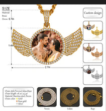 Load image into Gallery viewer, Picture pendant with wings size guide: 2.7 in wide, 1.4 in photo frame, 0.7 in bail, engraved back and chain styles