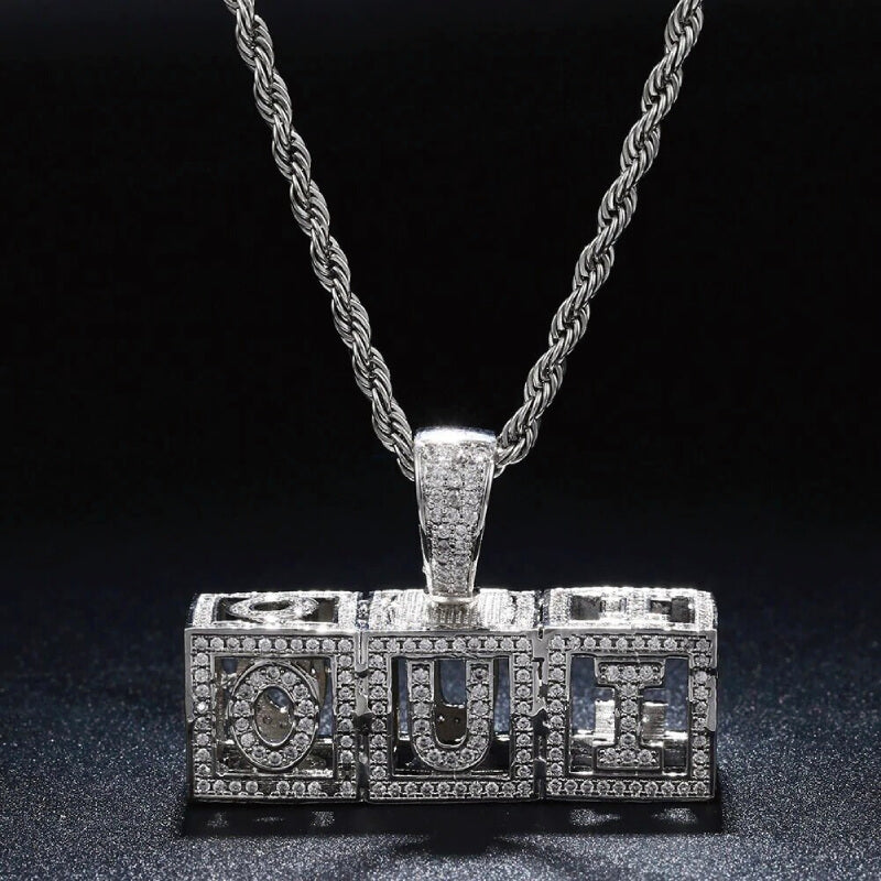 Square Hollow Letters Custom Men's Rock Necklace silver color